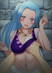 1boy 1girls 2d big_breasts blue_hair blush breast_grab breasts cleavage female groping hand_on_breast hand_under_clothes hand_under_shirt lelie lelie_link male midriff molestation nefertari_vivi one_piece sexual_harassment surprised surprised_expression underboob