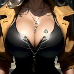 1girls agentbobgreen ai_generated big_breasts chastity chastity_key cleavage clothed collarbone cuckold female female_only hourglass_figure huge_breasts jacket key keyholder large_breasts light-skinned_female light_skin necklace qos queen_of_spades queen_of_spades_symbol self_upload solo spade_tattoo tattoo thin_waist voluptuous white_hair