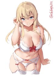 1girls artist_signature big_breasts blonde_hair blue_eyes blush bra braided_hair breasts ebifurya garter_belt garter_straps kantai_collection lingerie long_hair looking_at_viewer navel pale-skinned_female pale_skin panties seductive_look seductive_smile smile solo solo_female solo_focus thick_thighs warspite_(kantai_collection) white_bra white_garter_belt white_garter_straps white_lingerie white_panties white_thighhighs wide_hips