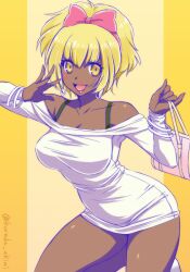 1girls bare_shoulders big_breasts blonde_hair bracelets clothed_female colored curvy curvy_female curvy_figure dark-skinned_female dark_skin earrings female_only ganguro juushiko_(osomatsu-san) kuroda_akimi looking_at_viewer open_mouth osomatsu-san red_lipstick short_dress solo_female thick_thighs uncensored white_dress yellow_eyes