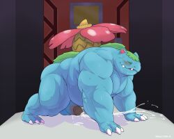 anthro balls big_balls big_penis blush boner closed_eyes cum erection leaf male male_only manlyster nintendo on_all_fours orgasm penis plant pokemon pokemon_(species) solo solo_male sweaty venusaur