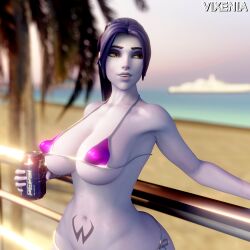 1girls 3d 4k amelie_lacroix beach belly_tattoo bikini blizzard_entertainment blue_skin outdoor overwatch overwatch_2 pepsi pubic_tattoo purple_skin smile smiling swimsuit swimwear swimwear_only tagme tattoo vixenia widowmaker