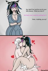 1boy 1girls ambiguous_penetration big_ass big_breasts blush cleavage closed_eyes comic cumming cumming_inside danganronpa danganronpa_2:_goodbye_despair dark_hair dialogue female huge_cleavage human_monokuma instant_loss_2koma kissing looking_at_viewer making_out male mioda_ibuki monokuma multicolored_hair onomatopoeia orgasm overflow overflowing_cum piercing piercings pink_eyes robe roselovesart sitting_on_lap sitting_on_penis straight_hair thick_thighs two_panel_image white_hair white_skin