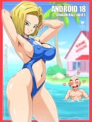 1boy 1girls android_18 arms_behind_head bald blonde_hair blue_eyes breasts cleavage cleavage_cutout clothing_cutout commentary couple covered_nipples dragon_ball dragon_ball_super dragon_ball_z english_text female heart heart-shaped_eyes highres kame_house krillin kuririn large_breasts medium_hair milf navel partially_submerged sano-br sideboob swimsuit thick_thighs thighs voluptuous water