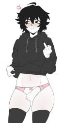 1boy angry_vein annoyed ball_bulge black_hair black_nail_polish black_nails blush blush_lines blushing_at_viewer bro_aniki bulge clothed clothing clothing_lift cute_male doomer_boy femboy flipping_off fluffy_hair hair half-erect hoodie hoodie_lift lifting_clothing lifting_hoodie looking_aside male_focus male_only middle_finger nail_polish navel panties penis_bulge semi-erect socks solo solo_male stockings tagme thick_thighs thighhighs thong tight_clothing tight_underwear twink underwear wojak_comics