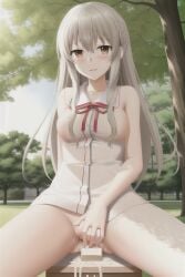 1girls ai_generated blush blushing bottomless charlotte_(anime) female female_only long_hair masturbating masturbation nao_tomori nature no_panties no_pants no_underwear park public public_masturbation public_nudity public_park red_ribbon self_pleasure sideboob sitting solo squirting stable_diffusion tomori_nao white_hair