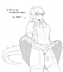 anthro bethesda_softworks blush breasts cameltoe clothed clothing deathclaw dialogue english_text fallout female female_deathclaw female_only fwoof_(wolfling) headwear hi_res maid_uniform monochrome panties reptile scalie skirt skirt_lift solo solo_female text tsundere vibrator vibrator_in_pussy wet wet_panties wolfling