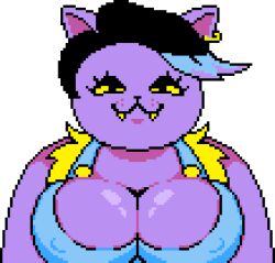 :3 anthro bedroom_eyes black_and_blue_hair breasts catty_(undertale) cleavage clothing feline female nipple_bulge smiling_at_viewer solo sprite_art sprite_edit transparent_background undertale undertale_(series)