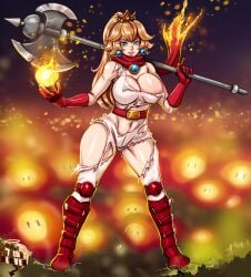 1girls 7th-heaven biker_peach blonde_hair blue_eyes bodysuit breasts clothing crown female female_only fire fire_flower fire_manipulation fire_peach hi_res human large_breasts looking_at_viewer mario_(series) outdoors pale_skin princess_peach ripped_clothes ripped_clothing solo standing super_mario_bros. super_mario_bros._(2023_film) torn_bodysuit weapon wide_hips