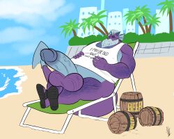 alcohol anthro arm_hair balls beach beach_chair beard beer beer_keg belly belly_hair beverage big_balls big_belly big_muscles big_nipples big_penis body_hair bottomless chest_hair city cityscape clothed clothing demino_(deminothedragon) digital_media_(artwork) dragon drunk exhibitionism eye_patch eyewear facial_hair footwear genitals hair half-erect hi_res hikaristar_art horn huge_balls huge_cock huge_nipples humanoid_genitalia humanoid_penis leg_hair male mature_male mohawk musclegut muscular muscular_anthro muscular_male nipples obese obese_male old overweight overweight_anthro overweight_male palm_tree penis plant public public_nudity sand sandals scalie sea seaside shirt shoes sleeping solo substance_intoxication tank_top text thick_thighs topwear tree vein veiny_penis water