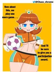 1girls big_breasts blue_eyes brown_hair chaoschrome crown gloves mario_(series) mario_strikers nintendo open_mouth princess_daisy shirt short_hair shorts soccer_ball soccer_uniform teasing