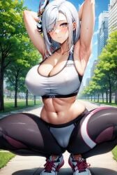 1girls ai_generated female_focus female_only genshin_impact huge_breasts jogging jogging_pants long_hair looking_at_viewer shenhe_(genshin_impact) stable_diffusion voluptuous_female