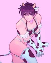 1boy 1femboy 1littlepear 2d 2d_(artwork) cow_bikini cow_ears cow_horns cow_print cow_print_armwear cow_print_bikini cow_print_lingerie cow_tail femboy indie_virtual_youtuber light-skinned_male light_skin looking_at_viewer male male_focus male_only purple_eyes shoto shoto_(vtuber) virtual_youtuber vtuber