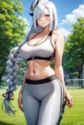 1girls ai_generated curvy_body curvy_female curvy_figure female_focus female_only genshin_impact huge_breasts jogging jogging_pants shenhe_(genshin_impact) stable_diffusion voluptuous voluptuous_female