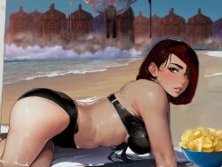 ai_generated attack_on_titan beach big_ass big_breasts brown_hair colossal_titan curvy eren_jaeger eren_yeager rumbling sasha_braus yellow_eyes