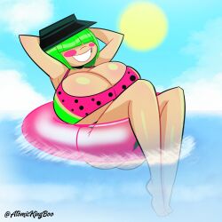 1girls 2023 artist_name atomickingboo breasts cleavage green_hair hair_over_eyes hands_behind_head hat huge_breasts moni_peiper original short_green_hair short_hair sitting_in_swimming_ring smile swimming_ring watermelon_bra