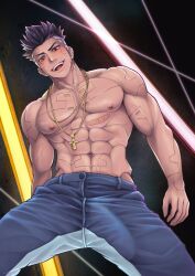 1boy abs bara black_hair bulge bulge_down_leg bulge_through_clothing cd_projekt_red cocky cyberpunk:_edgerunners david_martinez_(edgerunners) erection looking_at_viewer looking_down looking_down_at_viewer low-angle_view male male_only muscular muscular_male necklace netflix nipples onglai87 pecs penis pov pov_eye_contact smile smiling_at_viewer solo solo_male standing_over_viewer studio_trigger topless undercut yaoi