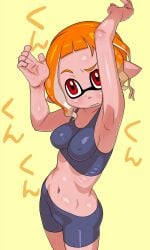 1girls arms_up body_odor digital_drawing_(artwork) digital_media_(artwork) eyebrows_raised female female_focus female_only inkling inkling_girl looking_up nipples_visible_through_clothing orange_hair questionable red_eyes splatoon splatoon_3 sports_bra sportswear text tsuwitchii84 yellow_background