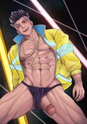 1boy abs bara cd_projekt_red cybernetics cyberpunk:_edgerunners cyborg david_martinez_(edgerunners) leaking_precum low-angle_view male male_only muscular muscular_male netflix onglai87 penis studio_trigger thong yaoi