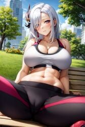 1girls ai_generated curvaceous curvy_female curvy_figure female_focus female_only genshin_impact huge_breasts jogging_pants shenhe_(genshin_impact) stable_diffusion voluptuous voluptuous_female