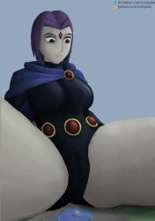 1girls between_legs breasts clothed_female dc dc_comics giantess giga_giantess grey_skin looking_down purple_hair rachel_roth raven_(dc) short_hair solo solo_female svenyatta teen_titans thighs titans_tower