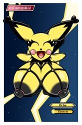 big_breasts big_ears big_nipples breasts closed_eyes nipples open_mouth pichu pokemon pokemon_(species) red_cheeks smile valerya5 yellow_skin