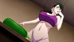 00s anime_screencap ass black_hair breasts cattleya curvy flower food glasses highres huge_ass huge_breasts mature_female mother panties queen's_blade screencap screenshot stitched thong underwear vegetable