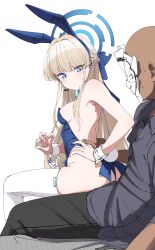 1boy 1boy1girl 1girls blonde_hair blue_archive blue_eyes bunny_ears bunny_girl bunny_tail bunnysuit cinomoon cowgirl_position dark-skinned_male deep_penetration dress_shirt embarrassed fully_clothed halo hand_on_back hidden_sex implied_sex interracial light-skinned_female sensei_(blue_archive) shinomu_(cinomoon) simple_background thighhighs toki_(blue_archive) toki_(bunny)_(blue_archive) white_background white_legwear wrist_cuffs