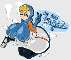 1girls apex_legends blonde_hair blue_eyes breasts chubby chubby_female dipsheet female female_focus female_only french_text gun large_breasts lichtenberg_figure nipple_bulge one_eye_closed respawn_entertainment scar steam steaming_body sweat sweater sweaty_body sweaty_breasts text thick_thighs thighs vest wattson_(apex_legends) wink winking