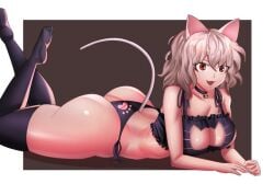 1girls bell_collar big_ass cat_ears cat_paws cat_tail chimera_ant dat_ass feet female female_only hunter_x_hunter inner_sideboob neferpitou red_eyes simple_background socks solo tagme techstylesart white_hair wide_hips