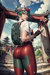 1girls ai_generated ass backpack blizzard_entertainment clothed female from_behind green_eyes green_hair kiriko_(overwatch) lips nose overwatch overwatch_2 red_pants short_playtime solo stable_diffusion stealthclobber tight_clothing tight_pants torii