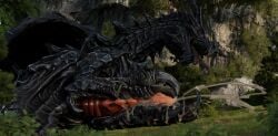 3d alduin barlu bethesda_softworks black_body bodily_fluids claws cum cum_on_feet cum_on_penis dragon erection feral foot_fetish foot_play footjob forest genital_fluids genitals hi_res hindpaw looking_pleasured lying male masturbation paws penis plant scales scalie sex skyrim solo spikes teeth the_elder_scrolls tree wings