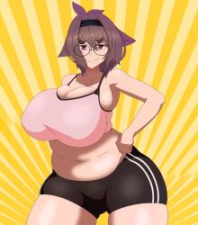 1girls breasts brown_hair glasses hips huge_breasts large_breasts looking_at_viewer medium_hair nipple_bulge pink_eyes plump screencap screenshot shiawase_nara_niku shorts sports_bra sportswear thick_thighs thighs tsumetoro tummy voluptuous wide_hips