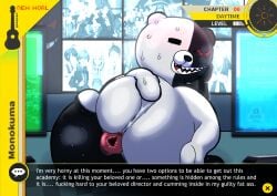 1boy anus ass bear bear_ears big_ass big_butt black_body black_fur blush blushing danganronpa dialogue fat_ass furry grabbing_own_ass large_ass looking_at_viewer looking_back male male_only monokuma naked nekoni nude red_eyes sharp_teeth solo straight_hair stretching sweat sweatdrop sweating text text_box white_body white_fur yaoi