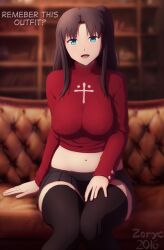 1girls aged_up alternate_breast_size black_skirt blue_eyes brown_hair busty fate/stay_night fate_(series) female female_only huge_breasts human large_breasts long_hair looking_at_viewer mature_female microskirt milf navel red_sweater side_ponytail skirt smile solo sweater thighhighs tohsaka_rin voluptuous zoryc