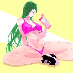 1girls abs alternate_costume annand_(fire_emblem) bikini breasts covered_nipples female female_only fire_emblem fire_emblem:_genealogy_of_the_holy_war green_eyes green_hair huge_breasts long_hair nintendo pink_bikini pink_swimsuit solo swimsuit ta_dasu_(tadasu_hayashi)