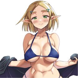 1:1 1girls 2023 abs bare_shoulders bikini blonde_hair blue_bikini blush braid breasts cleavage clothing eyebrows_visible_through_hair female female_only french_braid green_eyes hairclip holding_clothing hylian large_breasts long_ears looking_at_viewer monbetsu_kuniharu muscles navel nintendo nipple_bulge pointy_ears princess_zelda short_hair simple_background smile solo standing sweat swimsuit tears_of_the_kingdom the_legend_of_zelda tied_hair toned toned_female white_background zelda_(tears_of_the_kingdom)