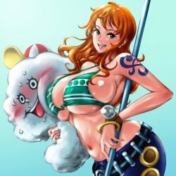 1girls 1monster bikini_top blush breasts clima-tact cloud female female_focus female_only hi_res huge_breasts jeans kyugata log_pose long_hair nami one_piece orange_hair post-timeskip sideboob simple_background staff sweat tattoo weapon zeus_(one_piece)