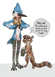 animal_genitalia anthro avian balls bird cartoon_network duo gay genitals looking_at_genitalia looking_at_penis male_only mammal mindkog mordecai_(regular_show) penis procyonid raccoon regular_show rigby_(regular_show) sheath simple_background size_difference white_background