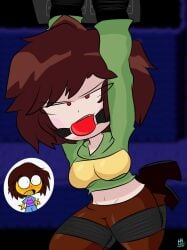 2d 2d_(artwork) 2d_artwork aged_up annoyed ball_gag bondage chara charisk color female female_chara female_focus female_human frisk hiroshicoffee human offscreen_character solo_focus suspended_in_midair suspension tagme undertale undertale_(series)