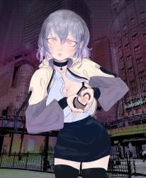 big_breasts city city_background collar exhibitionism female hoodie naughty_face open_shirt pink_eyes self_upload short_hair short_skirt unholypen visible_nipples xxpen