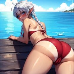 1girls ai_generated alisaie_leveilleur back_view beach bikini bikini_bottom bikini_top blue_eyes blush blush blushing_at_viewer braid braided_hair braided_ponytail cameltoe dat_ass elezen elf elf_ears elf_female elf_girl eyelashes final_fantasy final_fantasy_xiv looking_at_viewer ponzuaji red_bikini red_ribbon ribbon square_enix tan_body tan_skin thick_ass thick_thighs water white_hair wood