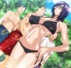 1girls 3boys bikini breasts glasses hand_on_hip hips huge_breasts large_breasts medium_hair megane_no_megami midriff nipple_bulge purple_eyes purple_hair screencap swimsuit thick_thighs thighs tummy