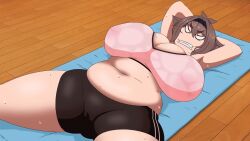 1girls angry breasts brown_hair huge_breasts large_breasts medium_hair nipple_bulge plump screencap screenshot shiawase_nara_niku shorts skin_tight sports_bra sportswear sweatdrop thick_thighs thighs tsumetoro tummy voluptuous