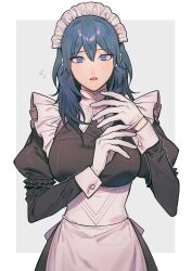 1girls adjusting_clothes adjusting_gloves alternate_costume apron blue_eyes blue_hair border breasts byleth_(fire_emblem) byleth_(fire_emblem)_(female) fire_emblem fire_emblem:_three_houses flying_sweatdrops gloves hair_between_eyes hands_up highres ikarin juliet_sleeves large_breasts long_sleeves looking_at_viewer maid maid_apron maid_headdress maid_uniform medium_hair nervous nintendo official_alternate_costume open_mouth puffy_sleeves simple_background solo sweat teal_hair white_apron white_border white_gloves wholesome wrist_cuffs