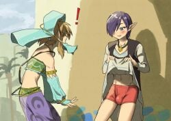 ! 2022 2boys arabian_clothes blue_eyes blush boxers boxers_(clothing) breath_of_the_wild brown_hair bulge crop_top crossdressing dress dress_lift femboy genderswap_(ftm) gerudo_link hair_over_one_eye hylian jewelry jules_(breath_of_the_wild) lifted_by_self link link_(breath_of_the_wild) long_ears looking_at_penis male male_only midriff monbetsu_kuniharu multiple_boys navel necklace nintendo npc open_mouth outdoors pants pointy_ears purple_hair red_boxers rule_63 short_hair smile standing surprised the_legend_of_zelda tongue trap tree underwear veil