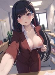 ai_generated big_breasts black_hair blue_hair breasts confident grabbing interview lipstick makeup multicolored_hair nipple_slip nipples office office_lady pov red_clothing red_hair showing_nipple solo tugging_clothing