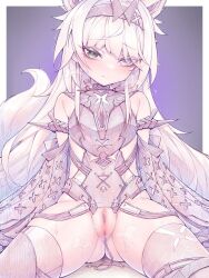 1girls armor blue_eyes blur_censor blush female green_eyes headgear heterochromia no.21 petite punishing:_gray_raven pussy robot_girl sitting small_breasts solo steam sweat vibrator vibrator_in_pussy white_hair wolf_ears wolf_girl wolf_tail