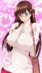 1girls breasts brown_hair bunnywalker clothing glasses green_eyes hips large_breasts long_hair looking_at_viewer megane_no_megami nipple_bulge screencap screenshot t-rex_(animation_studio)