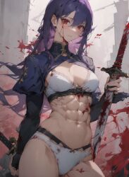 ai_generated assassin blood blood_on_face blood_stain dagger female muscular muscular_female purple_hair red_eyes toned underwear white_underwear